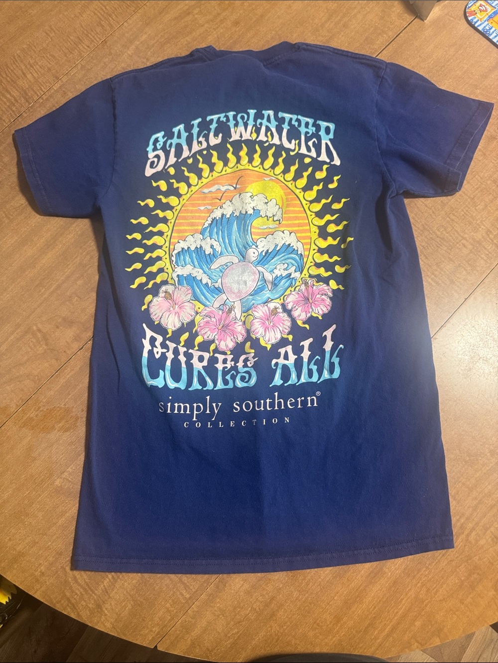 Simply Southern Navy Graphic Tee with Colorful Surf & Turtle Back Print